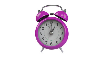 3d rendering of grey gray white Alarm clock isolated on white. It shows exact time and has two bells. metal legs. hour minute alarm hands