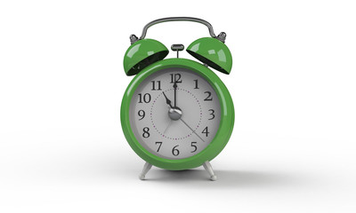 3d rendering of grey gray white Alarm clock isolated on white. It shows exact time and has two bells. metal legs. hour minute alarm hands