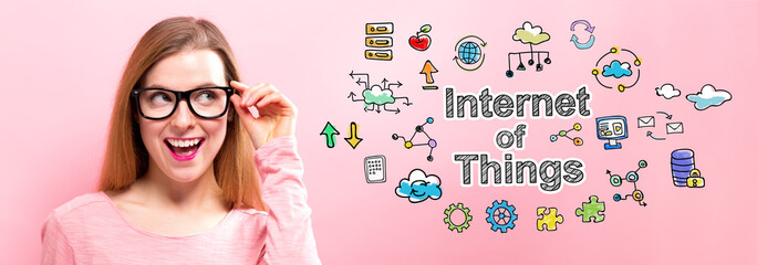 Wall Mural - Internet of Things with happy young woman holding her glasses