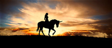 Unicorn And Girl At Sunset