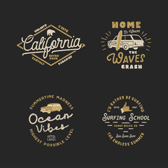 Wall Mural - Vntage Hand Drawn Surfing Graphics and Emblems for web design or print. Surfer logotypes. Surf Logo. Summer surf logo typography insignia collection. Stock Vector hipster patches isolated on white