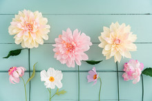 Crepe Paper Flowers Dahlias, Cosmos And Echinacea On Turquoise Wooden Background