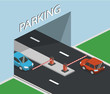 Isometric 3D vector illustration entrance and exit to the parking lot