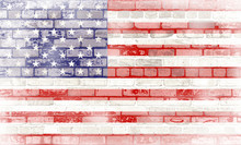 Rough Textured Brick Background With American Flag Layered. Red White And Blue American Old Glory Flag.