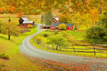 Overlooking A Peaceful New England Farm In The Autumn, Woodstock, Vermont, USA
