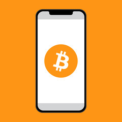 Bitcoin icon with a flat design smartphone isolated on orange background. Vector illustration 