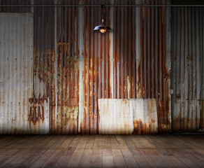 Wall Mural - Empty room - Old rusty zinc wall with Lamp lighting and wooden floor, Ideal for product display