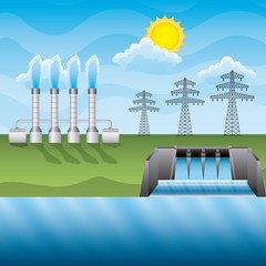 Sticker - plant geothermal hydroelectric dam electricity pylon in field - renewable energy vector illustration