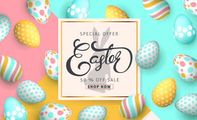 Wall Mural - easter sale banner background template with beautiful colorful eggs. vector illustration.