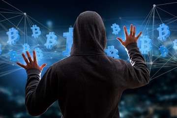 Poster - Hacker man in the dark using computer to hack data and information system