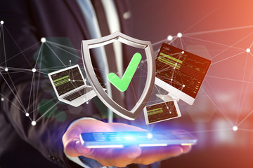 Poster - Shield symbol surrounded by devices and network displayed on a futuristic interface