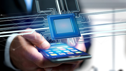 Poster - Businessman using a smartphone with a Processor chip and network connection - 3d render