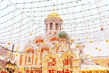 Wall Mural - Kazan Cathedral on red square with Christmas decorations, Moscow
