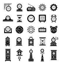 Set Of Different Isolated Wall, Table And Floor Clocks. Home Decor Elements. Devices For Measuring Time. Vector Icon Collection. 