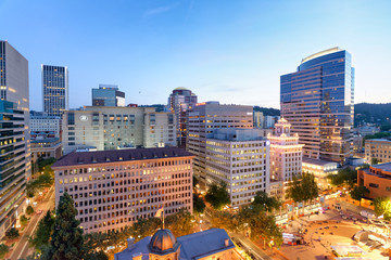 Canvas Print - PORTLAND, OR - AUGUST 19, 2017: Aerial view of Pioneer Square at night. Portland attracts 5 million tourists annually