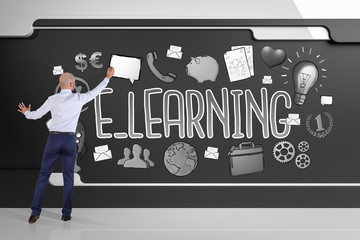 Poster - Businessman drawing e-learning sketch on a board 3D rendering