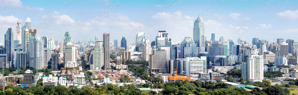 High building and tower in Bangkok Thailand, panorama of office buildings in downtown - obrazy, fototapety, plakaty 
