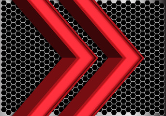 Abstract twin red arrow on metal hexagon mesh design modern futuristic background vector illustration.