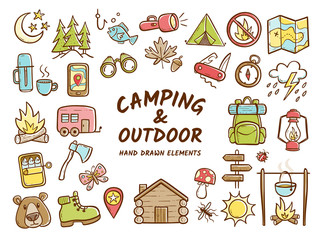 hand drawn camping and outdoor recreation elements, isolated on white background. cute background fu