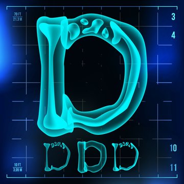 D Letter Vector. Capital Digit. Roentgen X-ray Font Light Sign. Medical Radiology Neon Scan Effect. Alphabet. 3D Blue Light Digit With Bone. Medical, Hospital, Futuristic, Horror Style. Illustration