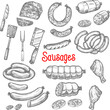 Vector sketch meat sausage products icons set