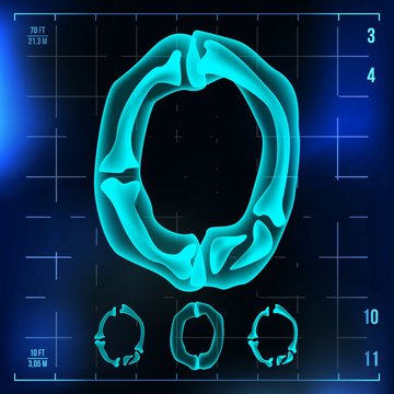 0 Number Vector. Zero Roentgen X-ray Font Light Sign. Medical Radiology Neon Scan Effect. Alphabet. 3D Blue Light Digit With Bone. Medical, Hospital, Pirate, Futuristic Style. Illustration