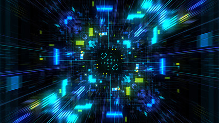 Poster - Abstract futuristic sci fi warp tunnel with particle grid. Graphic for data center, server, internet, speed. Futuristic big data visualisation, hi tech background. 3D rendering.