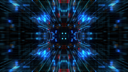 Poster - Abstract futuristic sci fi warp tunnel with particle grid. Graphic for data center, server, internet, speed. Futuristic big data visualisation, hi tech background. 3D rendering.