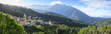 Panorama Of Village And Mountains Near Corte, Corsica, France