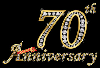 Wall Mural - Celebrating  70th anniversary golden sign with diamonds, vector illustration