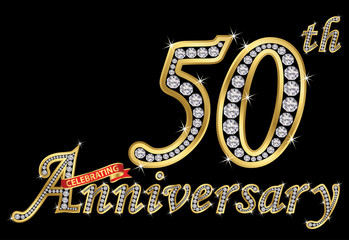 Wall Mural - Celebrating  50th anniversary golden sign with diamonds, vector illustration