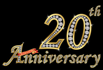 Wall Mural - Celebrating  20th anniversary golden sign with diamonds, vector illustration