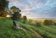 Cotswold Way Path And Bench With Views To The Malvern Hills At Sunset, Ford, Cotswolds, Gloucestershire