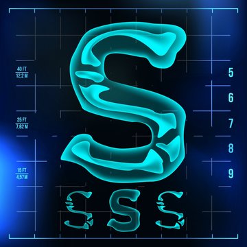 S Letter Vector. Capital Digit. Roentgen X-ray Font Light Sign. Medical Radiology Neon Scan Effect. Alphabet. 3D Blue Light Digit With Bone. Medical, Pirate, Futuristic, Horror Style. Illustration