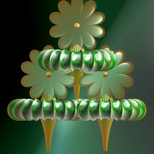 Computer Generated 3D Fractal.Flower Fantasy.Green Flowers With Orange Hearts On Green Background.