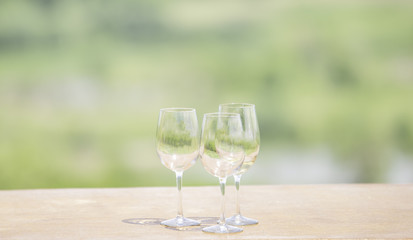 Three glasses of wine on green blurred background.