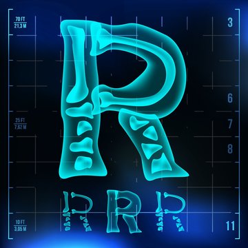 R Letter Vector. Capital Digit. Roentgen X-ray Font Light Sign. Medical Radiology Neon Scan Effect. Alphabet. 3D Blue Light Digit With Bone. Medical, Pirate, Futuristic, Horror Style. Illustration