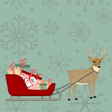 Luxury Seamless Pattern With Gold Snowflakes And Santa Sleigh With Piles Of Presents, Deer Who Pull. Vector Illustration