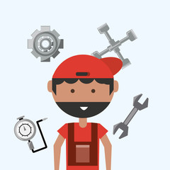 Poster - Cartoon mechanic man with tools around over white background, colorful design vector illustration