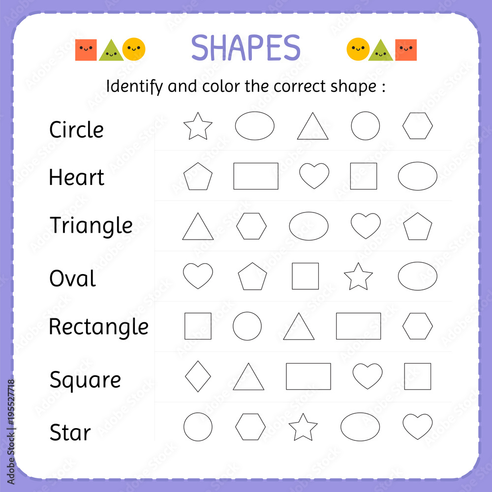 Identify and color the correct shape. Learn shapes and geometric figures.  Preschool or kindergarten worksheet Stock Vector | Adobe Stock, image size:1000x1000