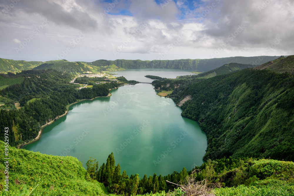 Panoramic landscape from Azores lagoons. The Azores archipelago has ...