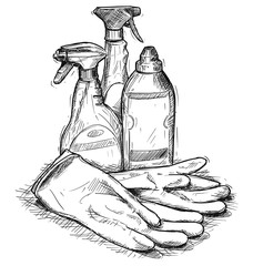 Vector artistic pen and ink hand drawing illustration of house cleaning products and rubber gloves.