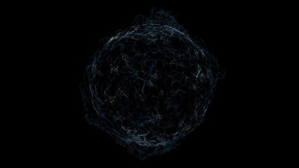 futuristic abstract rotating sphere with lines and dots motion on black background.