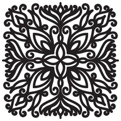 Wall Mural - Square solid Mandala. Black graphic element on white background. Pattern for fabric, napkins, suitable for laser cutting.