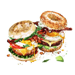 Wall Mural - Breakfast burgers. Watercolor Illustration.