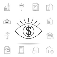 Poster - Human eye with dollar sign inside linear icon. Set of sale real estate element icons. Premium quality graphic design. Signs, outline symbols collection icon for websites