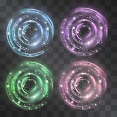 Wall Mural - Vector glowing swirling light discs set with shining festive stardust sparkles on transparent background. Glittering magical ring illumination for decorative design ideas.