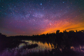 Lake reflecting with stars at night