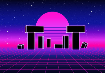 Poster - Neon landscape with 80s retro wave game style