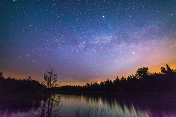 Lake reflecting with stars at night